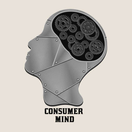 Human head with black gears, metal plates, rivets. Concept of complex consumer mind. Can be used for AI concept. Steampunk style.のイラスト素材