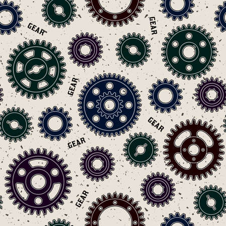 Seamless pattern with dark sihouttes of gear wheels on white textured background. Steampunk style.のイラスト素材