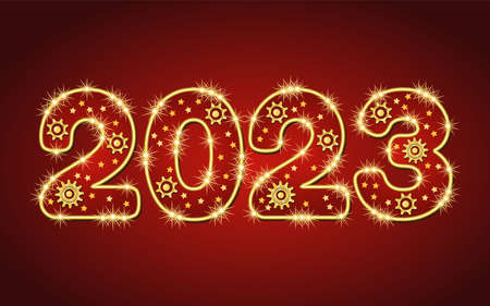 Numbers 2023 made of gold wire with gears, sparkles, little scattered stars on a red background in...