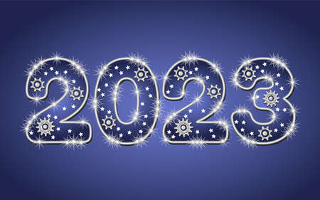 Numbers 2023 made of silver wire with gears, sparkles, little scattered stars on a blue background in steampunk style. No transparency effect. Vector illustrationのイラスト素材