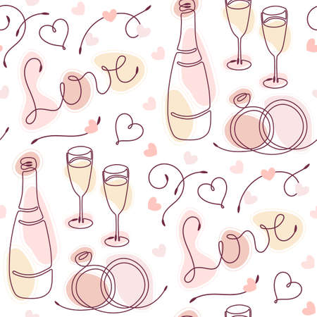 Seamless doodle pattern with linear romantic symbols and abstract shapes of pastel colors. Decoration for Wedding, Valentine day, Engagement events.のイラスト素材