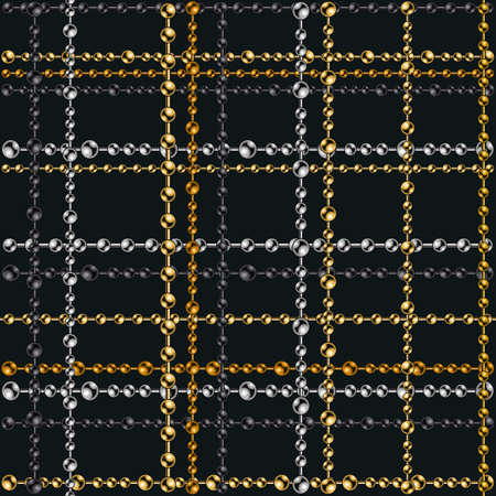 Chains tartan seamless pattern with metal ball chains on a black background. Golden, silver, black...
