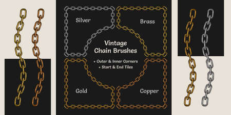 Classic chain pattern brushes with corners, end and start tiles in vintage style. Gold, silver, bronze, brass versions. Isolated on white and black background.のイラスト素材