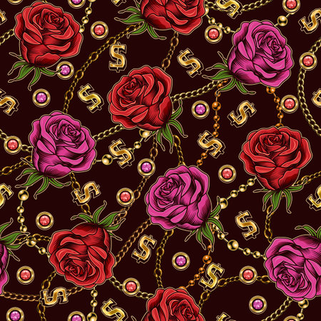 Seamless pattern with red and magenta vintage roses, metal chains, dollar sign, rhinestones on dark background. Vector illustration.のイラスト素材