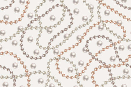 Seamless pattern with pearl beads, strings of pearls on white background. Wavy lines, classic pastel color of pearls. Vector illustrationのイラスト素材