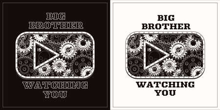 Video play icon of social media in vintage style with gears, metal rail, rivets, text. Big brother is watching you. Concept of global supervision through internet, social mediaのイラスト素材