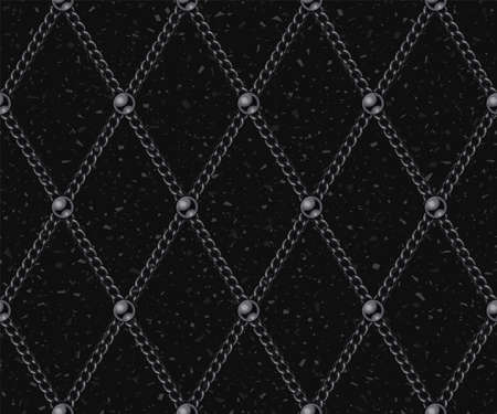 Vintage geometric pattern with black steel chains and beads. Rhombus grid on a black textured background with small particle like dust, motes. Low contrast illustrationのイラスト素材