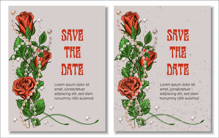 Wedding invitation card template with roses, green leaves, tendrils, pearls on a pale backdrop. Classic vector illustration for romantic event. Asymmetric compositionのイラスト素材