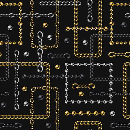 Seamless background with metal beads, rectangular shapes from realistic metal chains on black background. Golden, silver, black steel colors. Vector illustration for print, fabric, textile.のイラスト素材