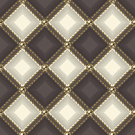 Checkered vintage brown and beige pattern with gold ball bead chains, golden beads. Classic vector seamless background.のイラスト素材