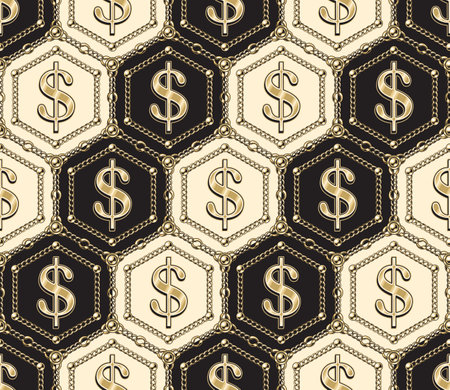 Hexagonal luxury vintage beige and brown pattern with shiny gold dollar sign, gold chains, beads. Vector seamless background.のイラスト素材