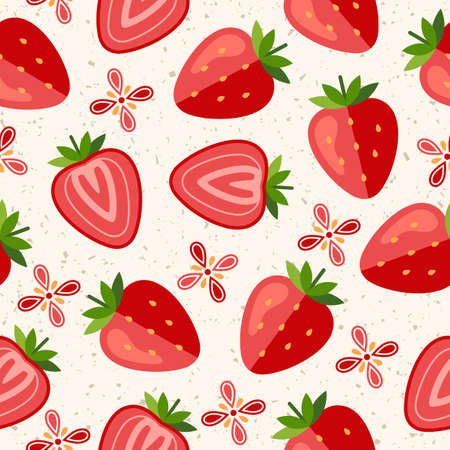 Pattern with ripe whole strawberries and slices of berries on textured background with small...