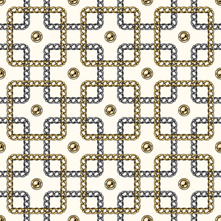 Seamless geometric chain pattern with intricate overlapping squares on white background. Gold and...