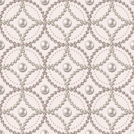 Seamless geometric chain pattern with strings of white pearls, intricate overlapping circles on white background.のイラスト素材