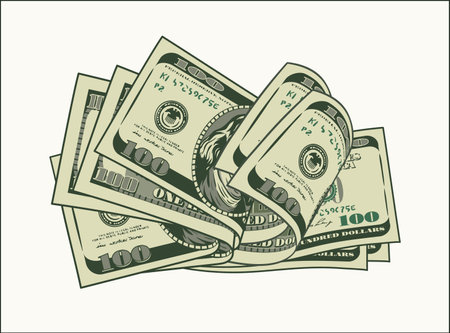 Pile of folded 100 dollar banknotes, bills. Heap of cash money. Color isolated vector illustration in vintage style.のイラスト素材