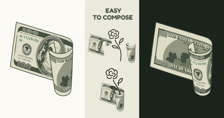 Spiral twisted american 100 dollar bill with front and reverse side. Cash money. Divided into two parts to design easy. Detailed vector illustrationのイラスト素材