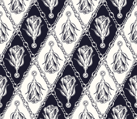 Seamless vintage diagonal pattern with chains, beads, roses. Geometric rhombus grid. Classic background. Monochrome black and white vector illustrationのイラスト素材