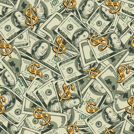 Money vintage seamless pattern with lots dollar bills, gold dollar sign. One hundred US dollar banknotes. Vector illustration. Chaotic messy composition.のイラスト素材