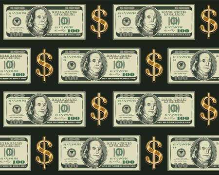 Seamless pattern with horizontal align 100 dollar banknotes, gold dollar sign. Detailed vector...