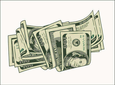 Heap of folded 100 dollar banknotes, bills. Pile of cash money. Color isolated vector illustration in vintage style.のイラスト素材
