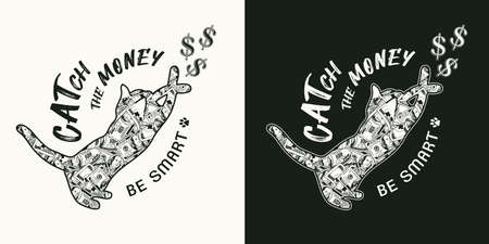 Monochrome black and white label with cat playing with dollar sign, text. Folded 100 dollar bills inside of silhouette of cat Detailed vector illustration. Creative concept for apparel, t shirt designのイラスト素材