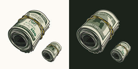 Color money roll of 100 dollar bills with front and reverse side. Cash money. Vintage style. Detailed isolated vector illustration on dark and white background. Perspective side viewのイラスト素材