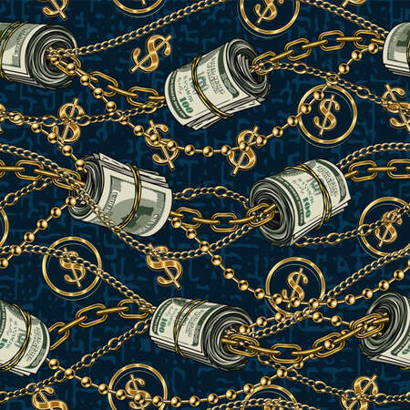 Money seamless pattern with rolls of 100 dollars bills, wavy gold chains, dollar sign. Blue grunge...