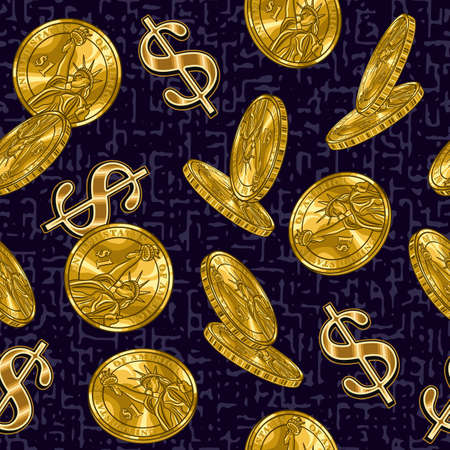 Money seamless pattern with falling shiny gold coins and dollar sign on dark violet grunge background. Colorful vintage vector illustration.のイラスト素材