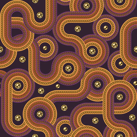 Retro 70s geometric seamless pattern with vintage color lines with chains and gold beads. Striped...