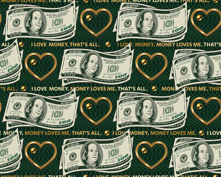 Seamless pattern with horizontal aligned 100 dollar wavy bent banknotes, gold heart shaped frame, texture with wavy lines behind, text. Detailed vector illustraton.のイラスト素材