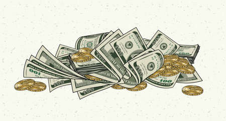 Heap of folded 100 dollar banknotes, bills, gold one dollar coins. Pile of cash money. Color isolated vector illustration in vintage style.のイラスト素材