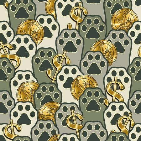 Money seamless pattern with raised up cats paws, gold coins, dollar sign. Raised up cats paws and gold coins, dollar sign between them.のイラスト素材