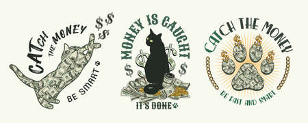 Set of labels with silhouette of cat, 100 US dollar bills, gold coins, cats paw footprint, dollar sign, text. Emblem on a white background. Creative concept for apparel, t shirt designのイラスト素材