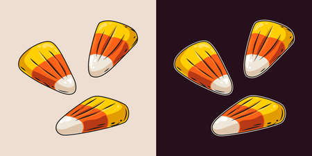 Set of 3 candy corns in vintage style. Traditional halloween sweets. Vector illustration isolated on...