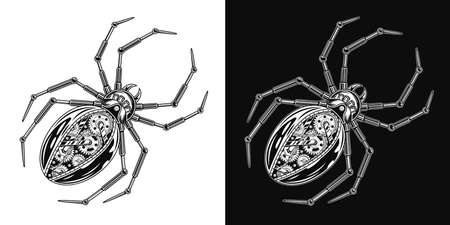 Metallic spider in steampunk style with gears. Creative spooky, scary, horror design element for halloween decor. Monochrome creative detailed vector illustrationのイラスト素材