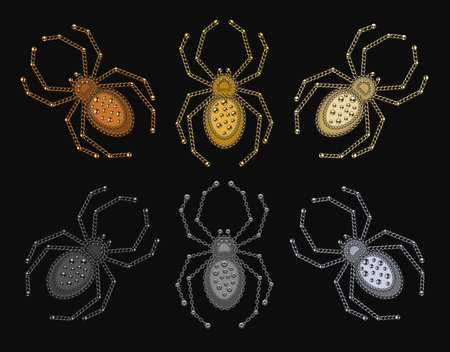 Set of six spiders made of various metallic chains, ball beads, buttons. Creative spooky, scary, horror design element for halloween decor. Colorful vector illustrationのイラスト素材