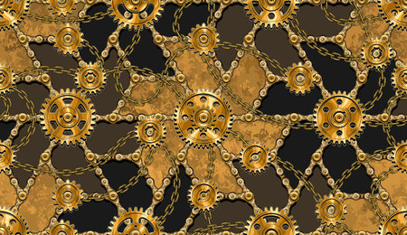 Seamless gold pattern with gearwheels, rivets chains, metallic surface. Vintage industrial background. Creative concept for t-shirt design, apparel, fabric, textile, sport goods, surface design.のイラスト素材
