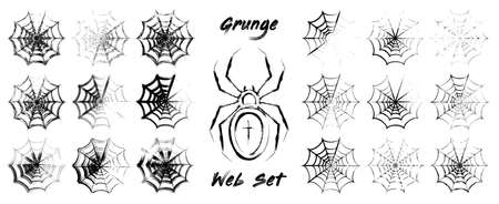 Spider web set in sketch style. Grunge uneven paint brush strokes, smears. Design elements for Halloween design. Spooky, scary, horror halloween decor. Vector.のイラスト素材