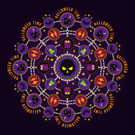Round halloween illustration with circle emblems and halloween symbols. Skull in the centre, sweets, bat, owl, flask with potion in minimal simple geometric style, traditional text Halloween timeのイラスト素材