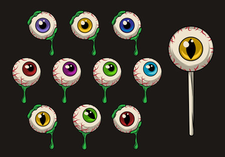 Halloween set of human eyes in vintage style. Single eyeballs with drops of green snot, slime, eye on stick like lollypop. Round human eye pupil, cat eye pupil. Illustration for Halloweenのイラスト素材