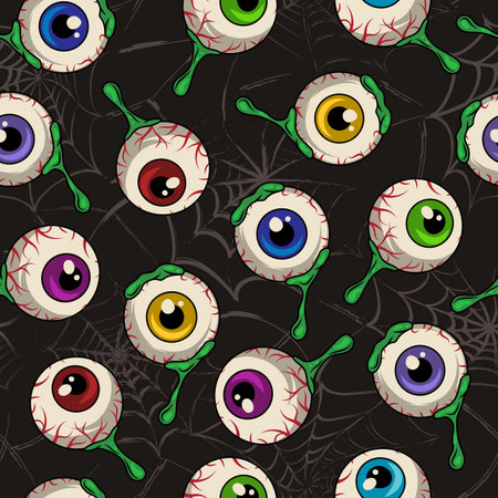 Halloween pattern with human eyeballs, drops of green snots, slime, grunge silhouette of spiderweb behind. Bright yellow, pink, red, purple, blue colors of iris. Random composition.のイラスト素材