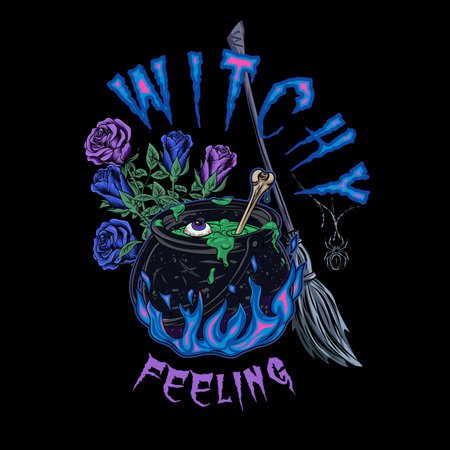 Label with witch cauldron with bubbling green liquid, magic blue fire, bone, broom, roses, spider, text Witchy Feeling. Magic potion, symbol of witchcraft. Vintage style. CMYK blue colorsのイラスト素材