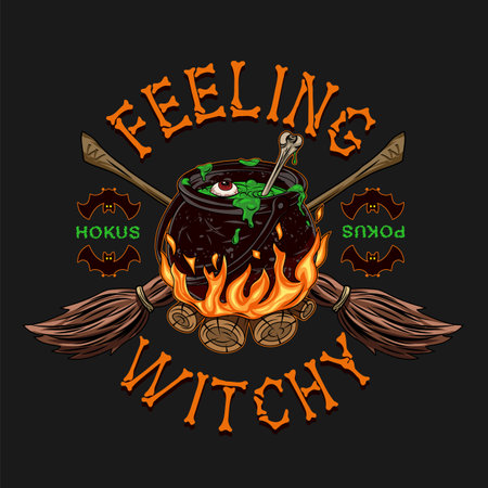 Label with witchy cauldron with bubbling green liquid on the bonfire, bone, crossed brooms, silhouette of bat, text Feeling Witchy, Hokus Pokus. Magic potion, symbol of witchcraft. Vintage style.のイラスト素材