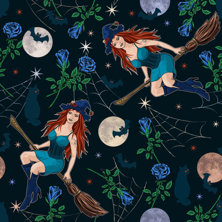 Halloween pattern with young beautiful witch flying on broomstick, silhouette of bats, full moon, blue roses, stars, spiderweb. Colorful illustration in vintage style.のイラスト素材