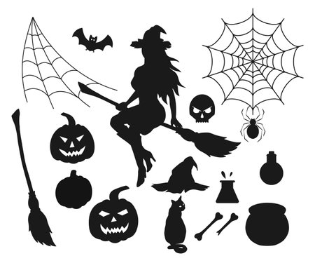Set with silhouette of halloween stuff and characters.のイラスト素材