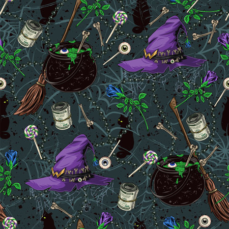 Pattern with witch hat, broomstick, cauldron with potion, roses, dollar roll, lollypop, eyes, black cat, strings of black pearls, silhouette of spider web behind. Symbols of witchcraft. Vintage style.のイラスト素材
