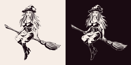Beautiful young witch with long red hair, tattoo, in hat, knee high boots, fitting dress flies on broom in vintage style. Monochrome illustration. Isolated vector illustrationのイラスト素材
