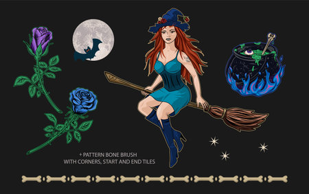 Clip art of halloween objects. Full moon, blue, purple roses, magic pot with potion, silhouette of bat, stars, beautiful young redhead witch flying on broomstick, pattern brush of bones. Vintage styleのイラスト素材