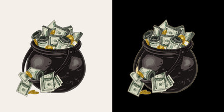 Cast iron cauldron full of cash money in vintage style. 100 US dollar banknotes and one dollar coin. Concept of high earnings and savings. Detailed vector illustration on a black, white background.のイラスト素材