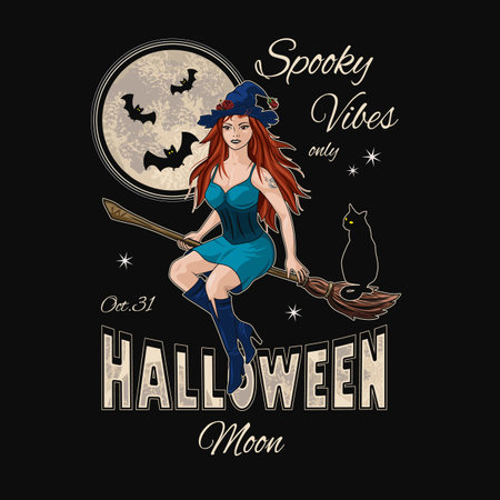 Emblem with young beautiful witch flying on broomstick, silhouette of bats, full moon behind, text Halloween moon, spooke vibes. Colorful illustration in vintage style.のイラスト素材